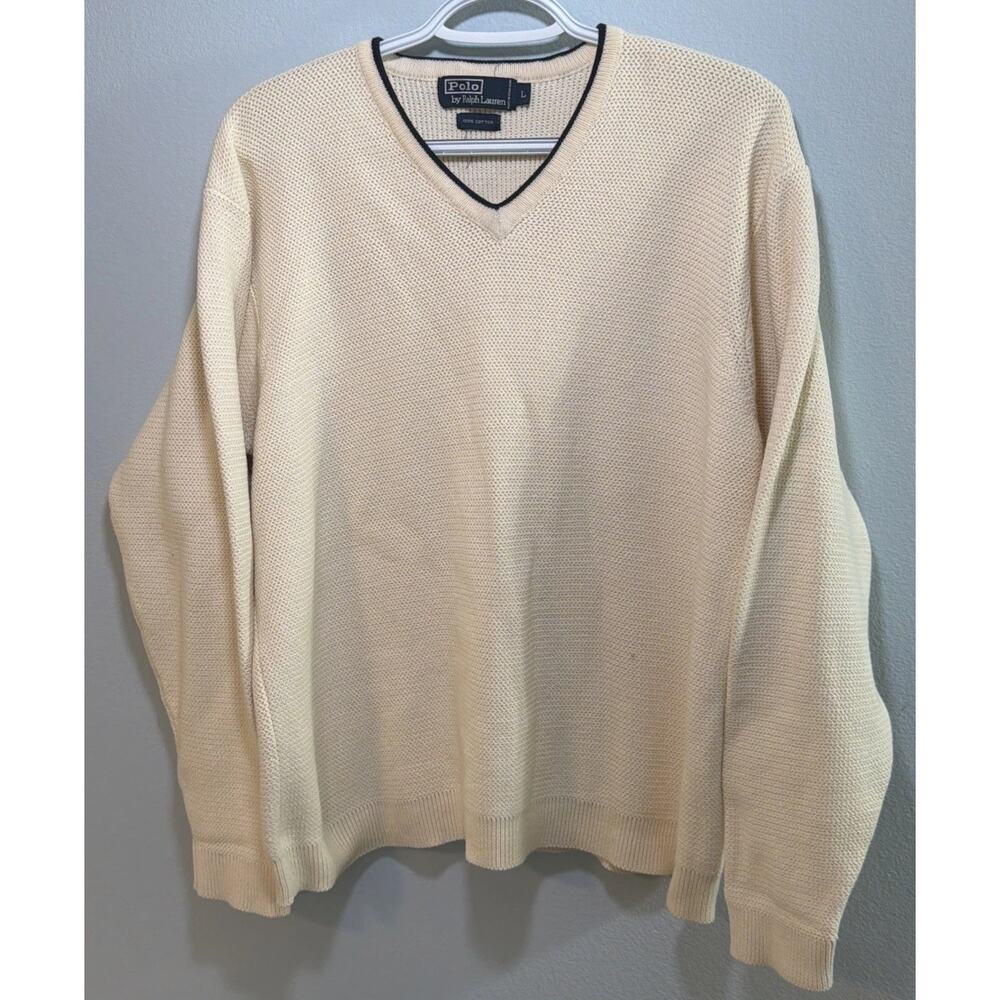 VTG 90s Polo Ralph Lauren Pony Men’s V Neck Sweater Knit 100% Cotton Yellow Sz L